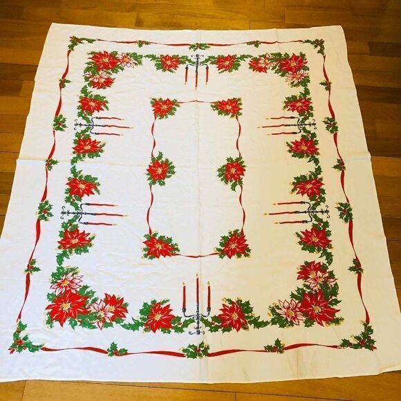 Vintage Christmas Tablecloth Poinsettias Rectangle - Picture 1 of 3